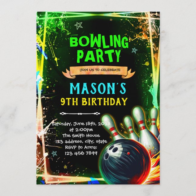 Convite Neon glow bowling boy theme invitation (Frente)
