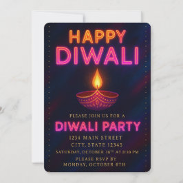 Convite Neon Glow Diya com o Script Happy Diwali Party