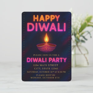 Convite Neon Glow Diya com o Script Happy Diwali Party