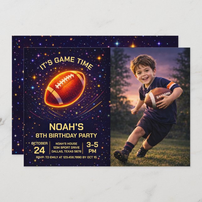 Convite Neon Glow Football Birthday Photo Invitation (Frente/Verso)