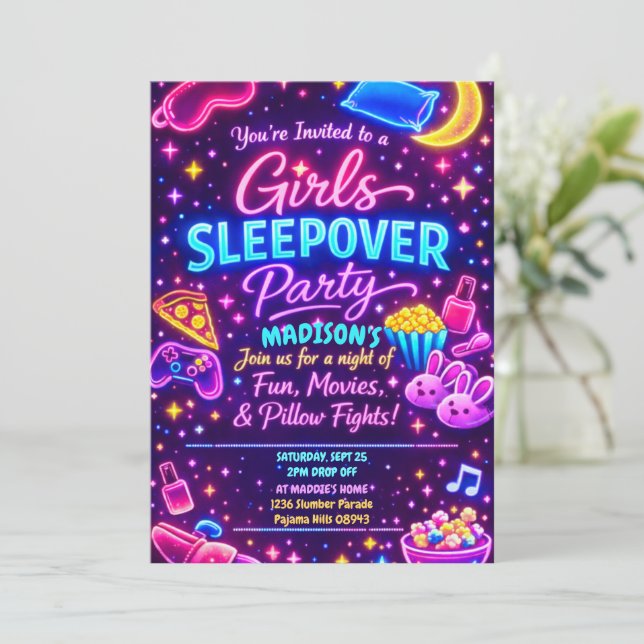 Convite Neon Glow Girls Sleepover Party Night Slumber (Em pé/Frente)
