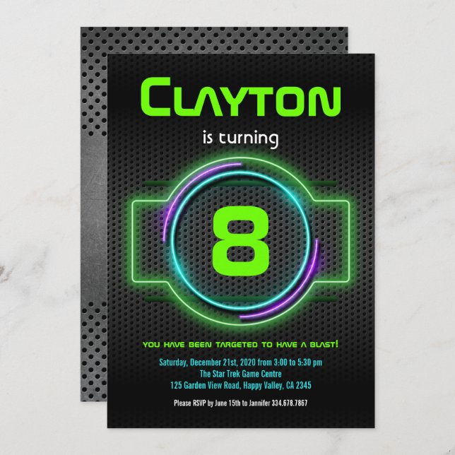 Convite Neon Glow Green Boy 8º aniversário Festa Laser (Frente/Verso)