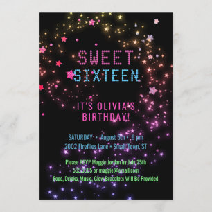 Convite Neon Glow no Dark Party  Estrelas Doce 16