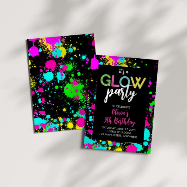 Convite Neon Glow Paint Splatter Birthday (Criador carregado)