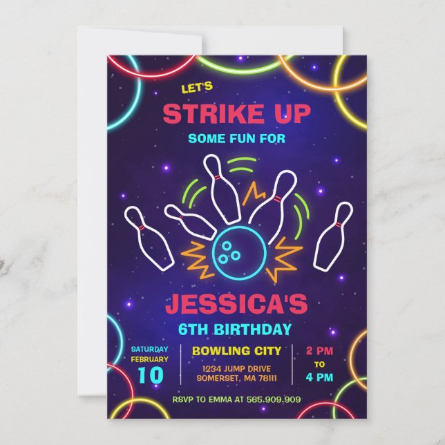 Convite Neon Glow Party Bowling Birthday Invitation (Frente)