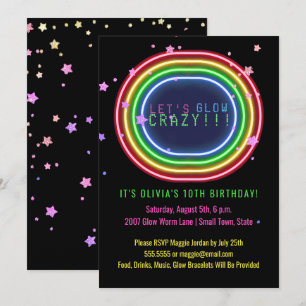 Convite Neon Glow Party  Estrelas de Aniversário de crian