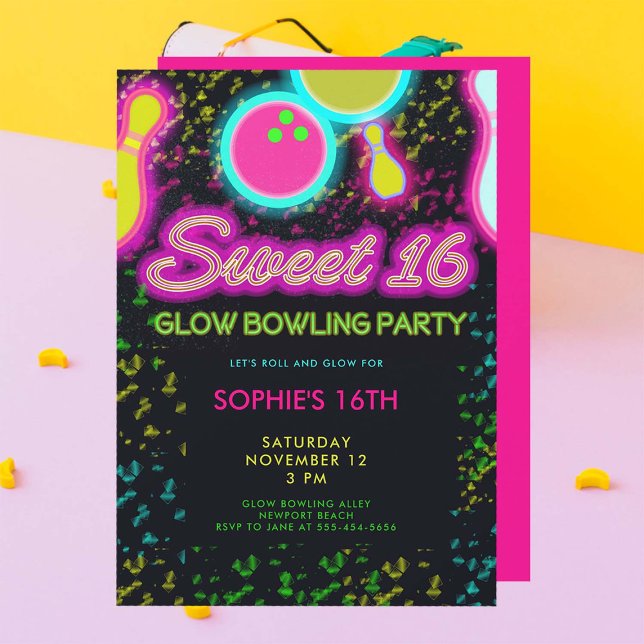 Convite Neon Glow Party Girly Cute Sassy Sweet 16 (glow bowling sweet sixteen 16th birthday party invitation neon nostalgia 80s fun retro girly cute)
