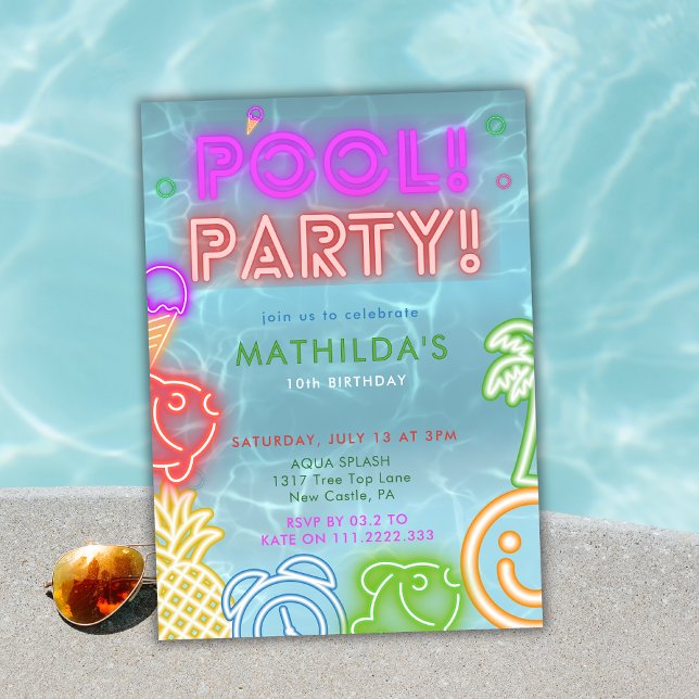 Convite Neon Glow Pool Party Any Age Birthday  (Criador carregado)