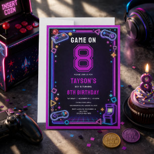 Convite Neon Glow Retro Arcade Jogos 8º Aniversário