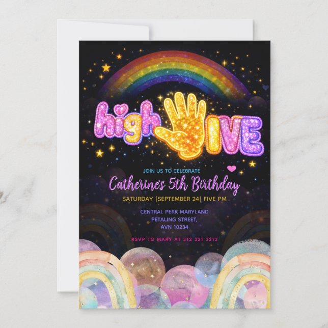Convite Neon Glow Sparkle High Five Birthday Party (Frente)