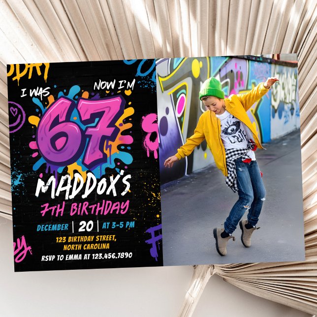 Convite Neon Graffiti Six Seven Kids 7th Birthday Photo (Criador carregado)