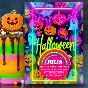 Convite Neon Halloween acende-se arco-íris brilhante Festa