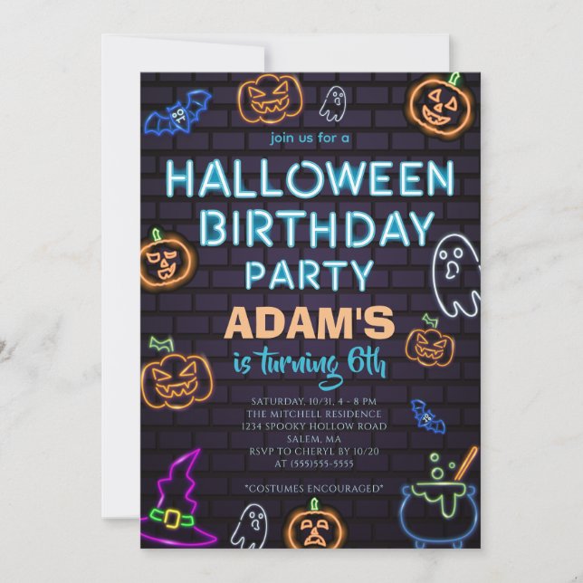 Convite Neon Halloween Birthday Party  Invitation (Frente)
