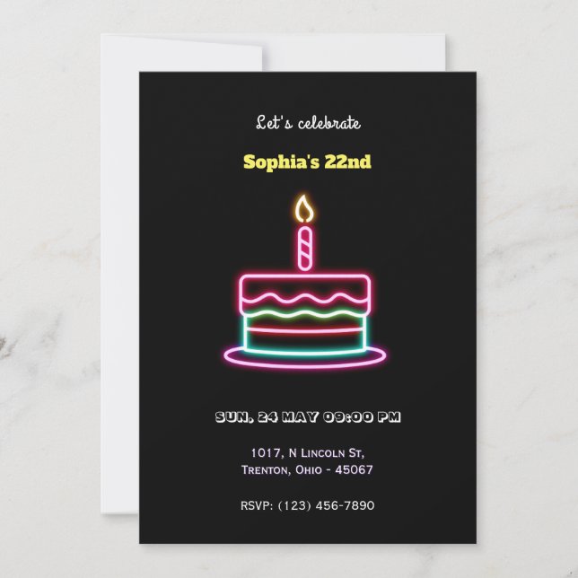 Convite Neon Happy Birthday Cake Design com uma Vela (Frente)