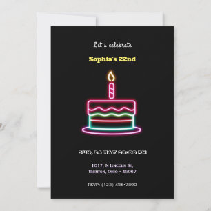 Convite Neon Happy Birthday Cake Design com uma Vela