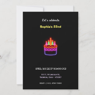 Convite Neon Happy Birthday Cake Design - Diversão e vibra