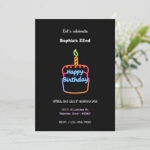 Convite Neon Happy Birthday Cake Design - Diversão e vibra