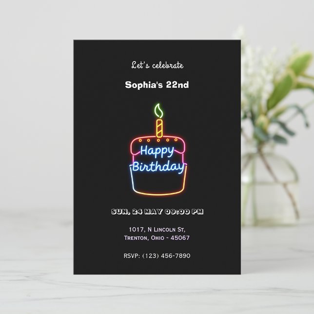Convite Neon Happy Birthday Cake Design - Diversão e vibra (Criador carregado)