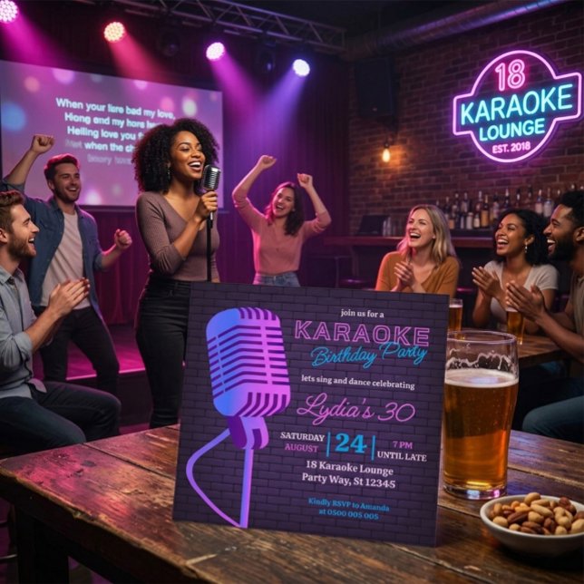 Convite Neon Karaoke Birthday Party Microphone Square  (Criador carregado)