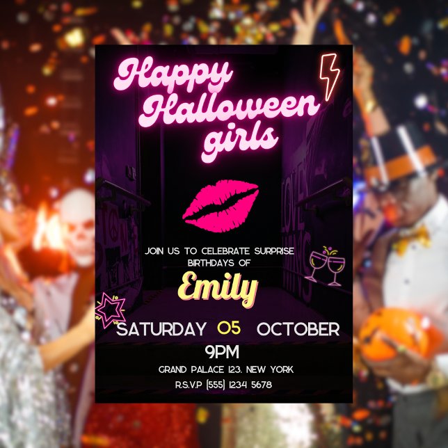 Convite Neon Light Birthday Halloween BFF (Neon Light Birthday Halloween Barbie BFF Invitation 1)