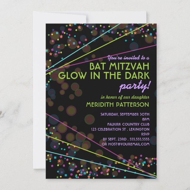 Convite Neon Lights Bat Mitzvah Brilha no Partido das Trev (Frente)