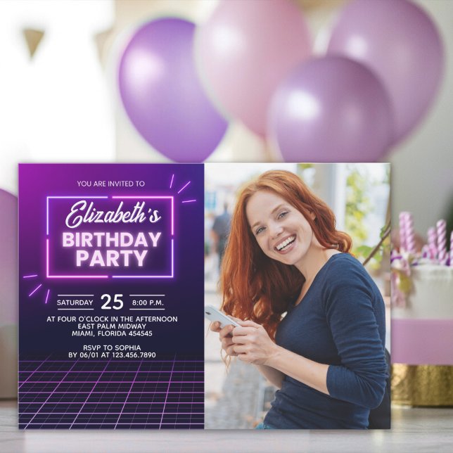 Convite Neon Lights Birthday Invitation Photo Design (Criador carregado)