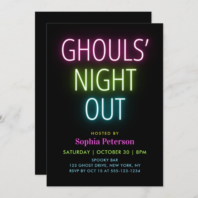 Convite Neon Lights Ghouls Night Out Halloween Party (Frente/Verso)