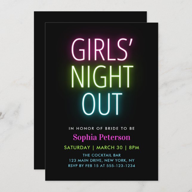 Convite Neon Lights Girls Night Out Festa de solteira (Frente/Verso)