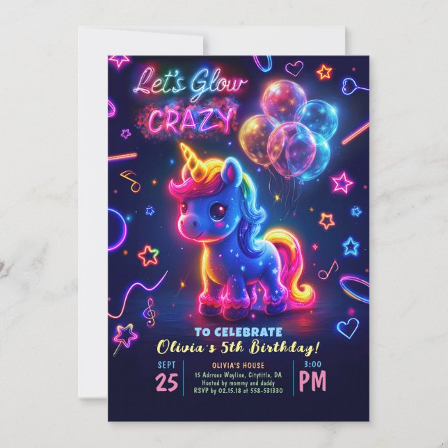 Convite Neon Lights Glowning Unicorn Birthday (Frente)
