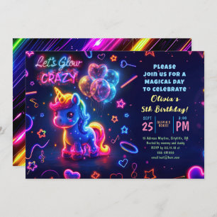 Convite Neon Lights Glowning Unicorn Birthday