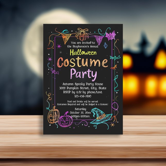 Convite Neon Marker Style Kids Festa de Figurino de Hallow (neon marker kids halloween invitation)