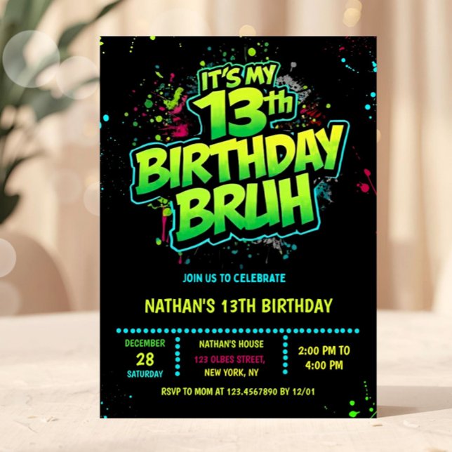 Convite Neon Moderno para Menino de 13 Anos (Bruh, You In? Neon Arcade Video Games Boy Birthday Invitation)