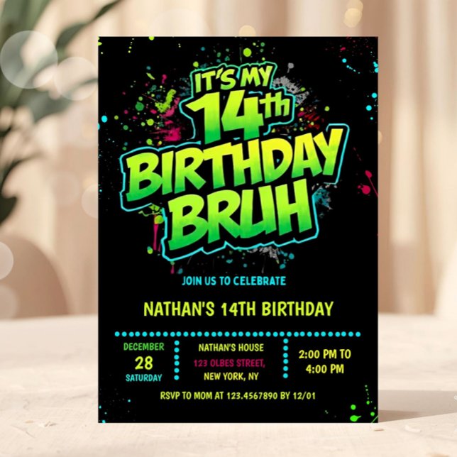 Convite Neon Moderno para Menino de 14 Anos (Bruh, You In? Neon Arcade Video Games Boy Birthday Invitation)