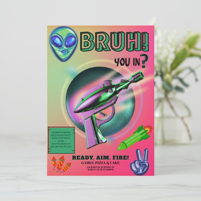 Convite Neon Nerf Battle Dart Gun Game Birthday Boy (Em pé/Frente)