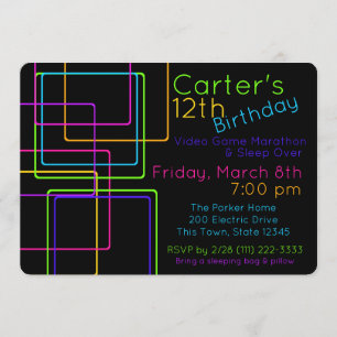 Convite Neon Night Glow Techno Vídeo Dormir No Aniversário