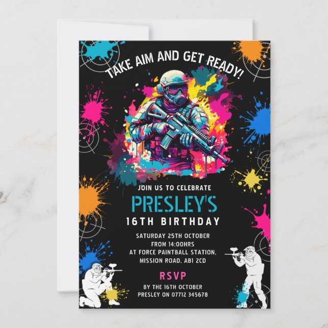 Convite Neon Paintball Invite - Combat Glow Birthday Party (Frente)