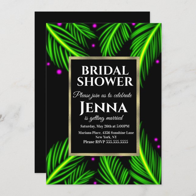 Convite Neon Palm Leaf Bright Chá de panela Tropical (Frente/Verso)