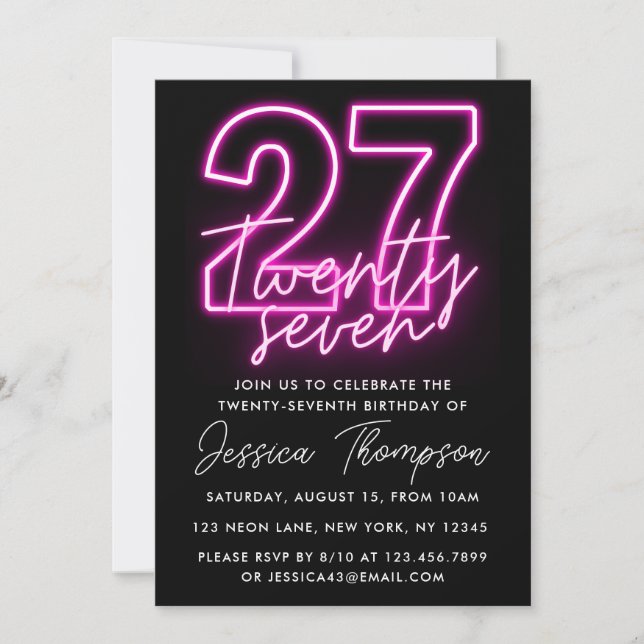 Convite Neon Pink 27th Birthday Invitation (Frente)