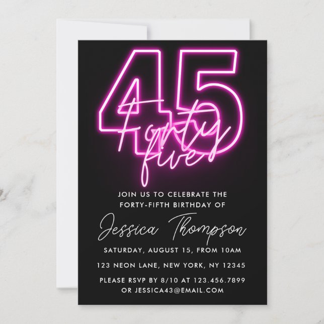 Convite Neon Pink 45th Birthday Invitation (Frente)