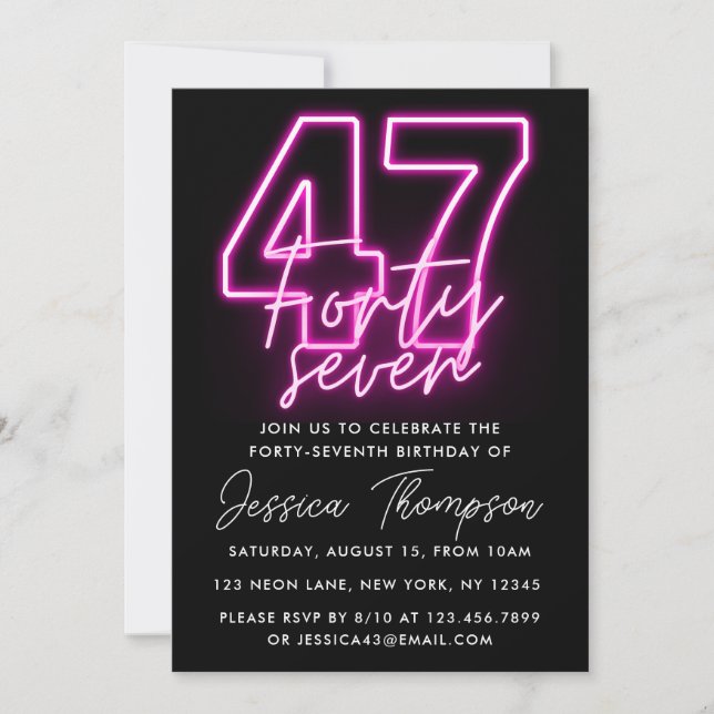 Convite Neon Pink 47th Birthday Invitation (Frente)
