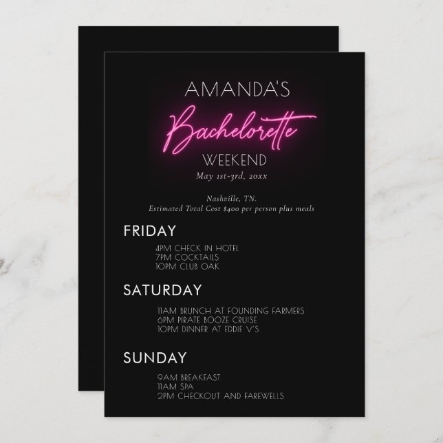 Convite Neon Pink Bachelorette Weekend Itinerário (Frente/Verso)
