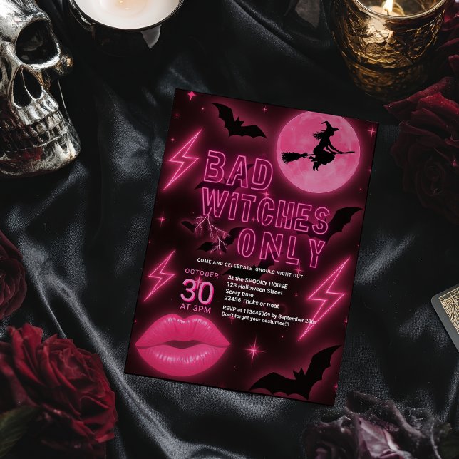 Convite Neon Pink Bad Witts Halloween Girls Night Out (Neon Pink Bad Witches Halloween Girls Night Out Invitation)