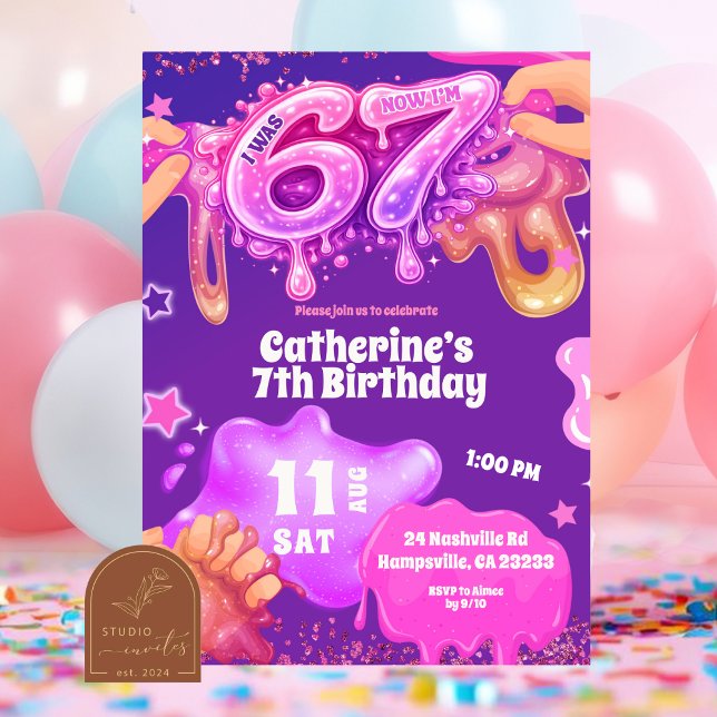 Convite Neon Pink Purple Slime 67 Birthday Invitation (Criador carregado)