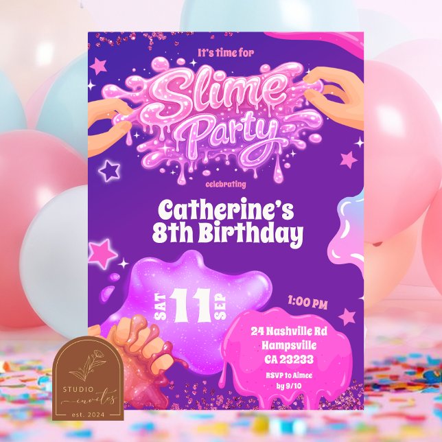 Convite Neon Pink Purple Slime Birthday Invitation (Criador carregado)
