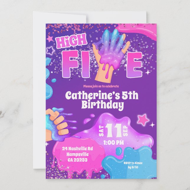Convite Neon Pink Purple Slime High Five Birthday Invitati (Frente)