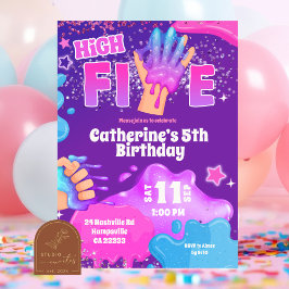 Convite Neon Pink Purple Slime High Five Birthday Invitati