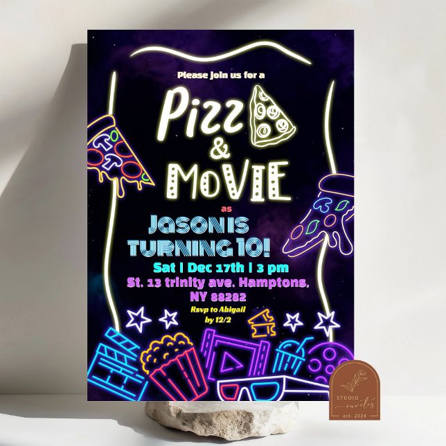 Convite Neon Pizza E Aniversário de criança De Filmes (Criador carregado)