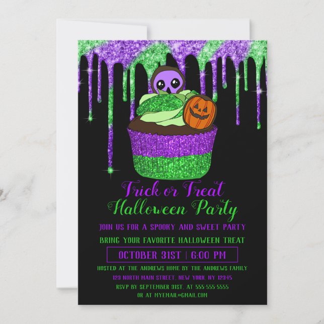 Convite Neon Purple Green Glitter Halloween Cupcake (Frente)