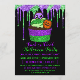 Convite Neon Purple Green Glitter Halloween Cupcake
