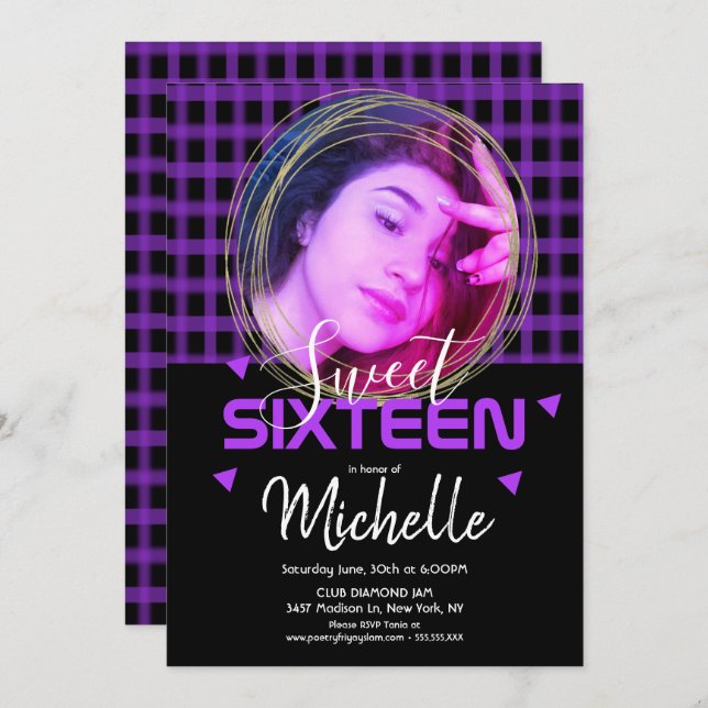 Convite Neon Purple Sweet Sessenta Fotografia Dourada Ring (Frente/Verso)
